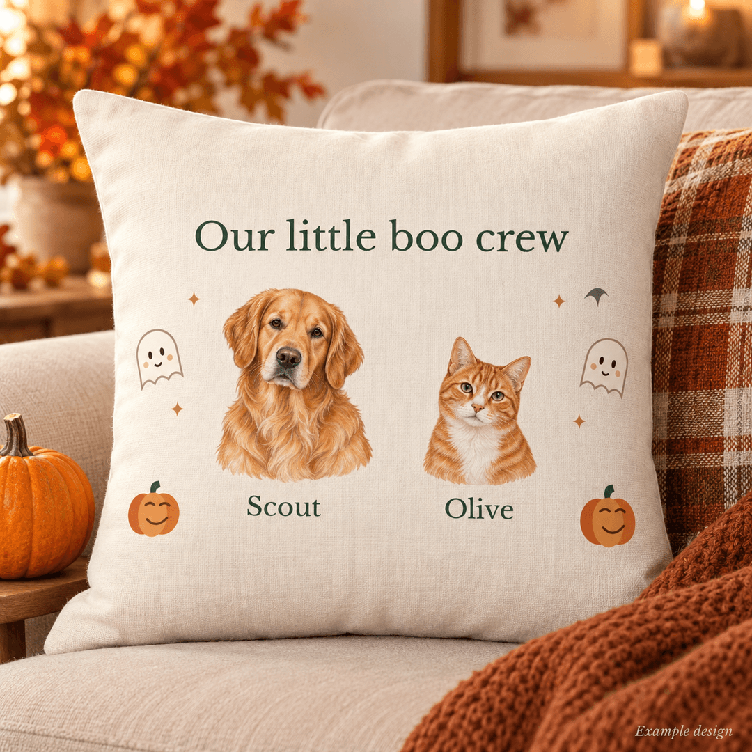 Example Halloween pillow with pet portraits, ghosts and pumpkins