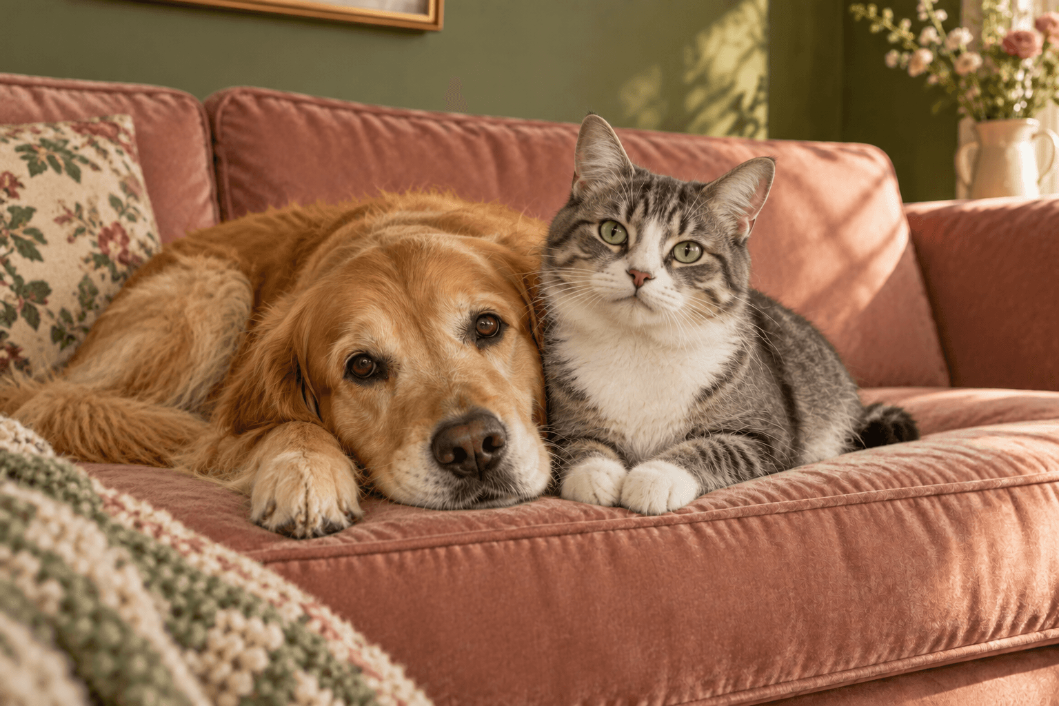 A golden retriever and a gray-and-white tabby cat relaxing together on a sunlit pink sofa