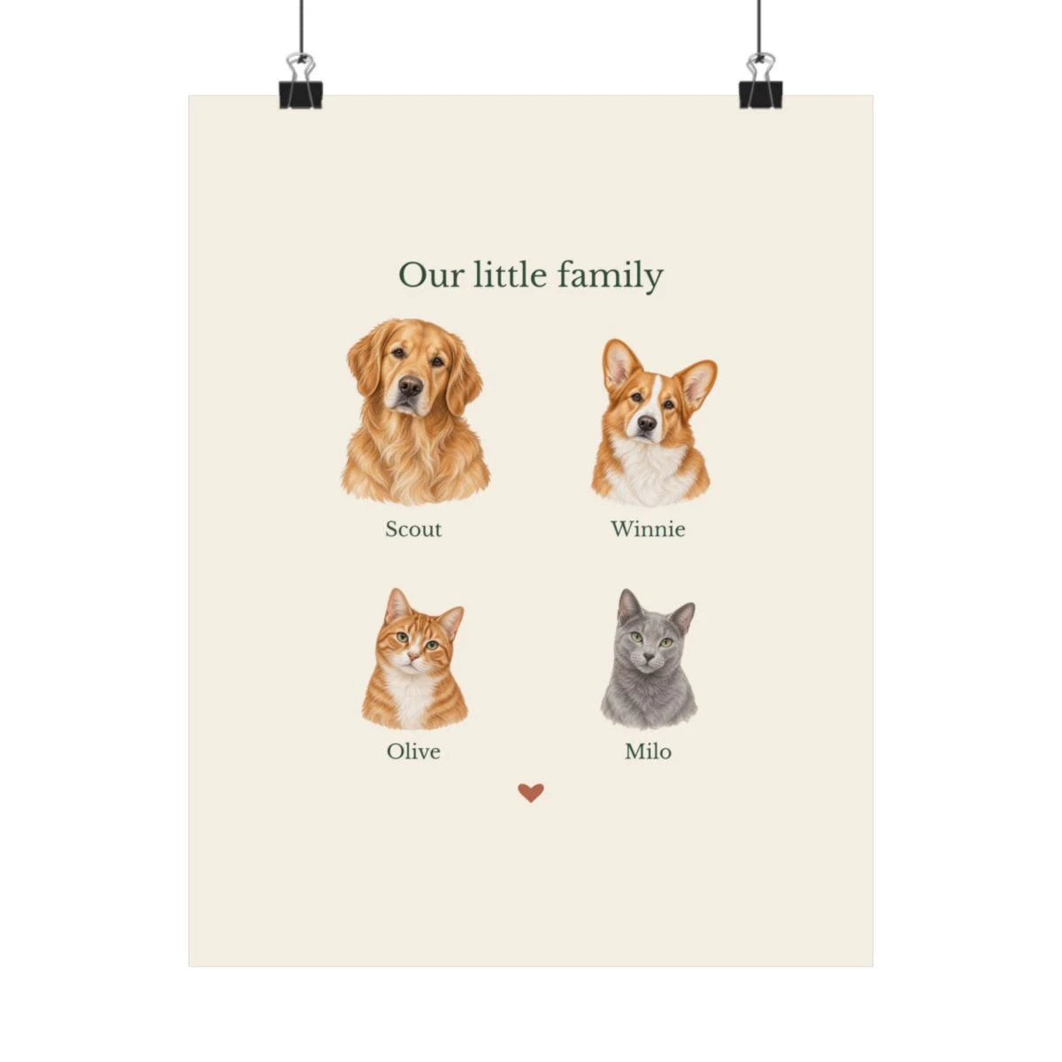Our Little Family Print with example artwork; personalize with your pets